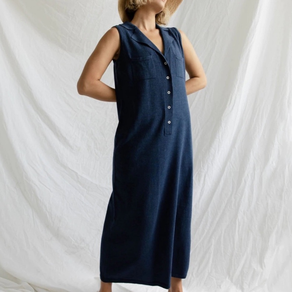 James Street Co Agnes Midi Dress Blue Knit Linen Blend Sleeveless Button Front S